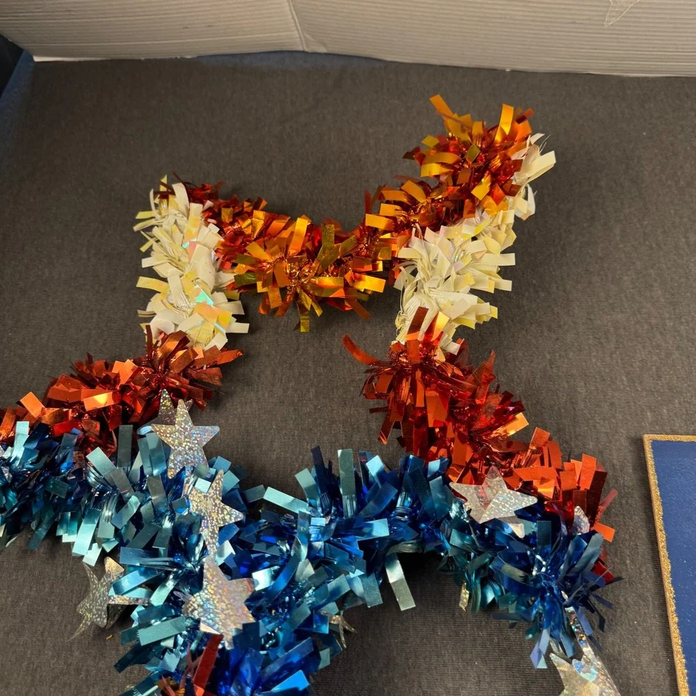 Way To Celebrate Patriotic Tinsel Star Wreath 4pk & America Wooden Sign Bundle